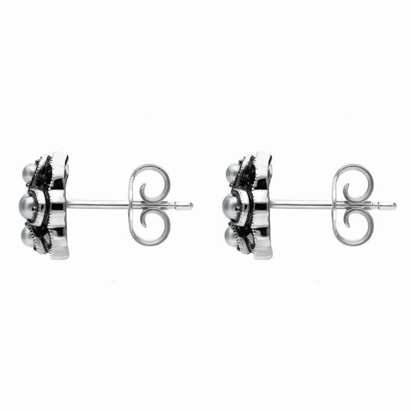 Sterling Silver Pearl and Marcasite Four Petal Flower Stud Earrings