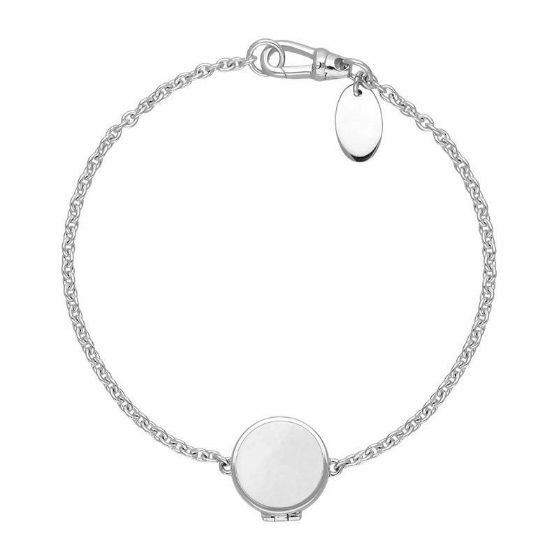 Sterling Silver Pink Mother of Pearl Round Locket Chain Bracelet