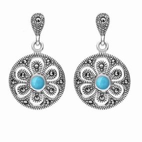 Sterling Silver Turquoise Art Deco Floral Marcasite Drop Earrings