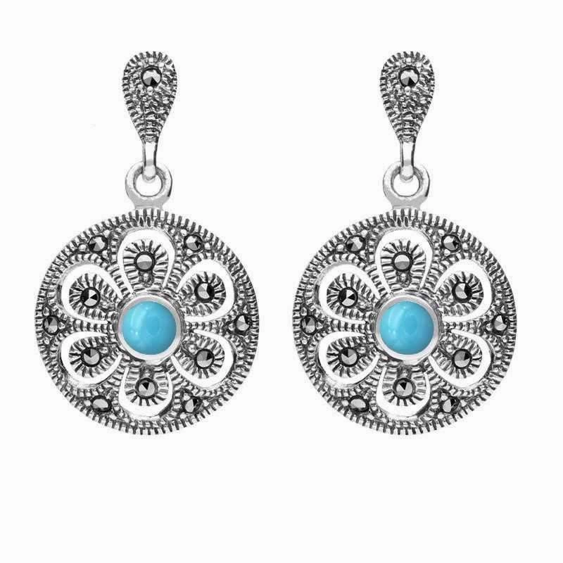 Sterling Silver Turquoise Art Deco Floral Marcasite Drop Earrings