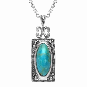 Sterling Silver Turquoise Marcasite Oval Oblong Necklace