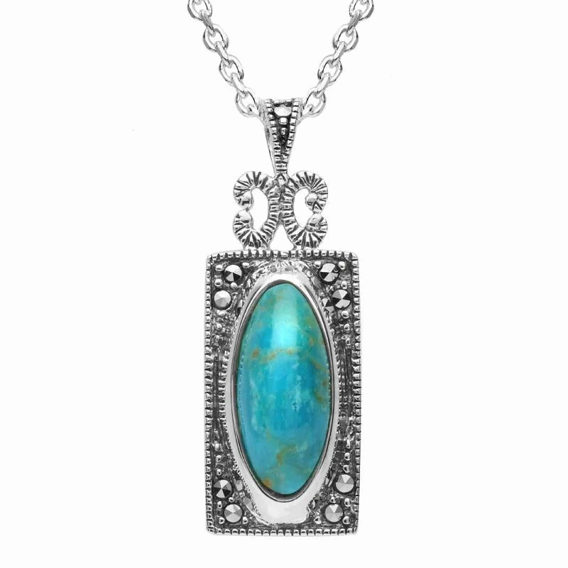 Sterling Silver Turquoise Marcasite Oval Oblong Necklace