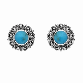 Sterling Silver Turquoise Marcasite Round Stud Earrings