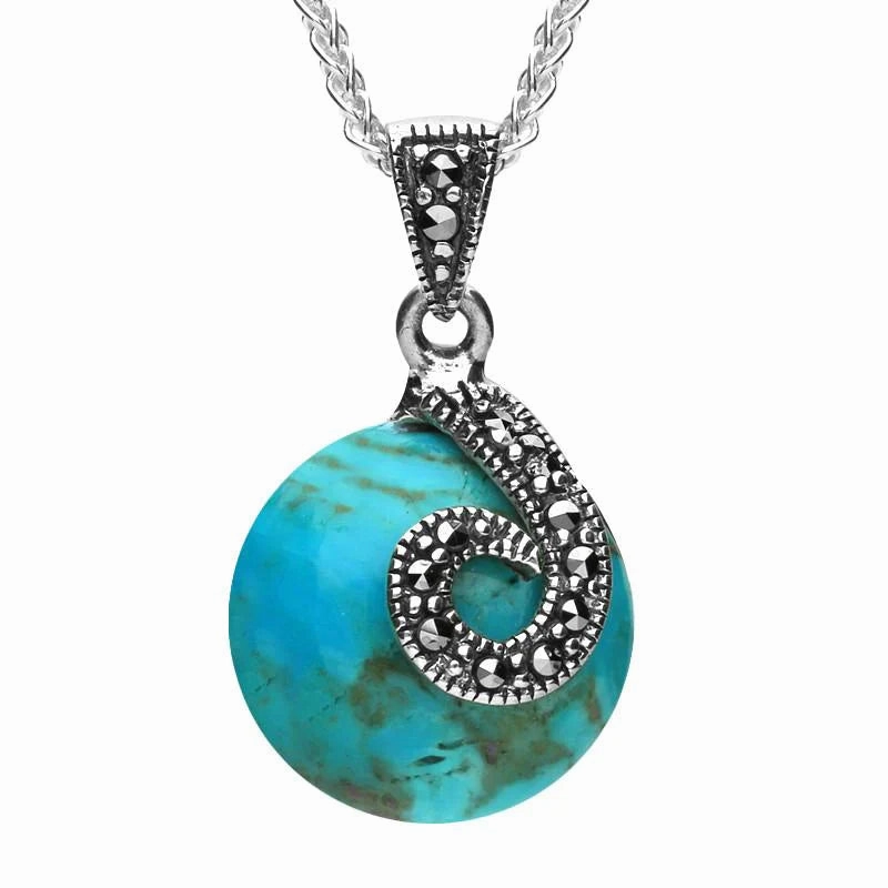 Sterling Silver Turquoise Marcasite Spiral Top Round Necklace