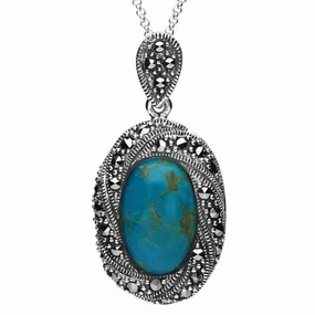 Sterling Silver Turquoise Marcasite Twisted Spiral Edge Necklace