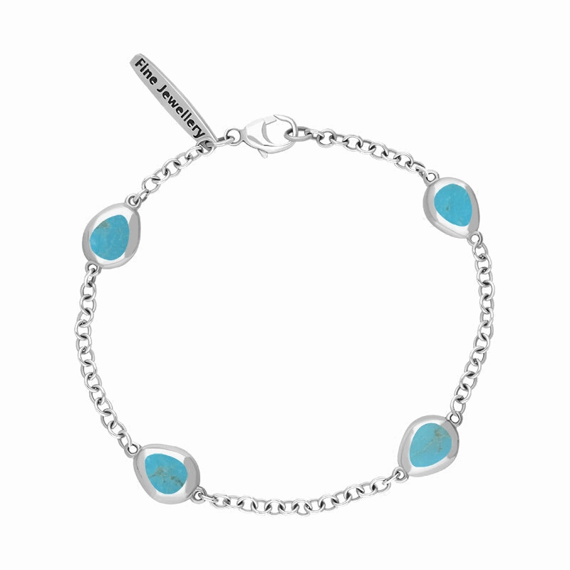 Sterling Silver Turquoise Oval Cross Detail Four Stone Bracelet