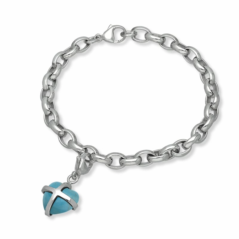 Sterling Silver Turquoise Small Cross Heart Charm Bracelet