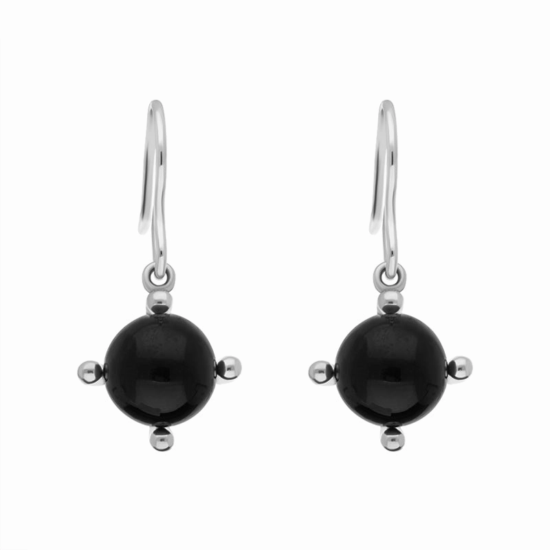 Sterling Silver Whitby Jet 8mm Bead Four Claw Drop Earrings