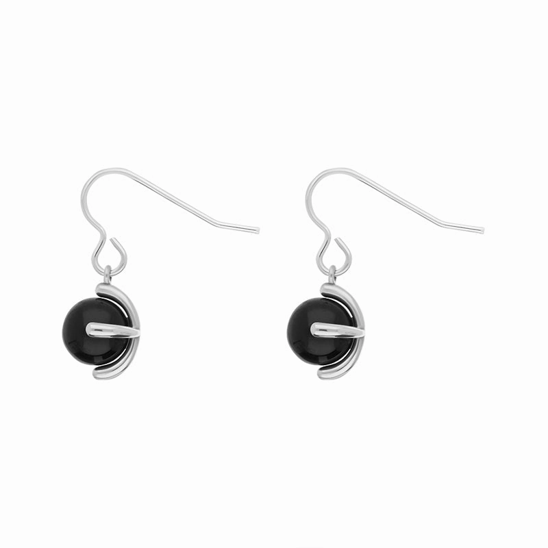 Sterling Silver Whitby Jet 8mm Bead Four Claw Drop Earrings
