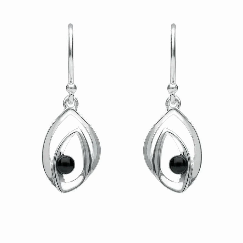 Sterling Silver Whitby Jet Abstract Flame Stone Drop Earrings