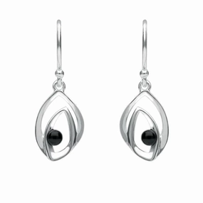 Sterling Silver Whitby Jet Abstract Flame Stone Drop Earrings