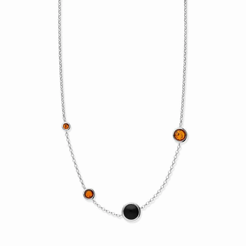 Sterling Silver Whitby Jet Amber Round Stone Necklace