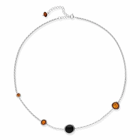 Sterling Silver Whitby Jet Amber Round Stone Necklace