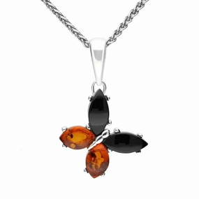 Sterling Silver Whitby Jet Amber Small Butterfly Necklace