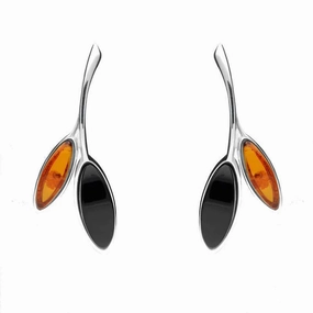 Sterling Silver Whitby Jet Amber Two Leaf Drop Stud Earrings