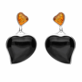 Sterling Silver Whitby Jet Amber Two Stone Heart Drop Stud Earrings