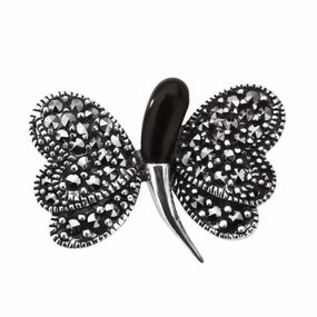 Sterling Silver Whitby Jet & Marcasite Abstract Butterfly Necklace