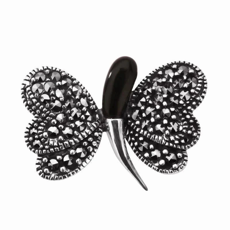 Sterling Silver Whitby Jet & Marcasite Abstract Butterfly Necklace