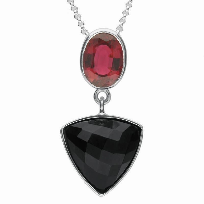 Sterling Silver Whitby Jet & Pink Tourmaline Triangle Necklace
