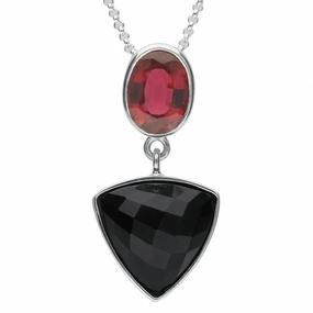 Sterling Silver Whitby Jet & Pink Tourmaline Triangle Necklace