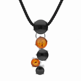 Sterling Silver Whitby Jet and Amber Five Stone Graduated Cascade Necklace D