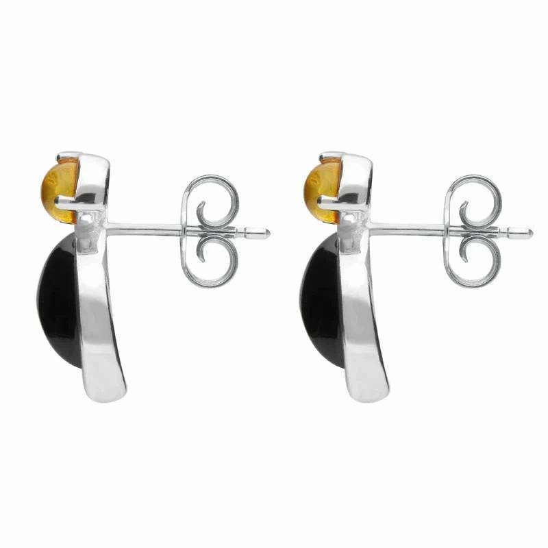 Sterling Silver Whitby Jet and Amber Two Stone Pear Drop Stud Earrings
