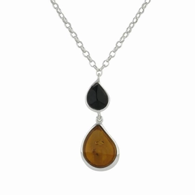 Sterling Silver Whitby Jet and Baltic Amber Pear Drop Necklace