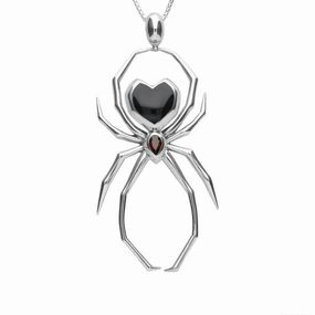 Sterling Silver Whitby Jet and Garnet 100mm Spider Egg Bail Pendant