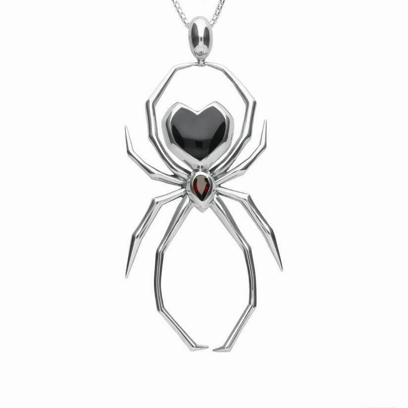 Sterling Silver Whitby Jet and Garnet 100mm Spider Egg Bail Pendant