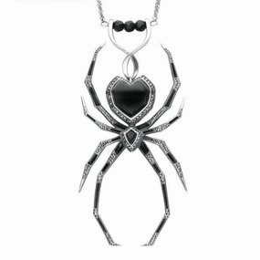 Sterling Silver Whitby Jet and Marcasite Gothic Spider Necklace