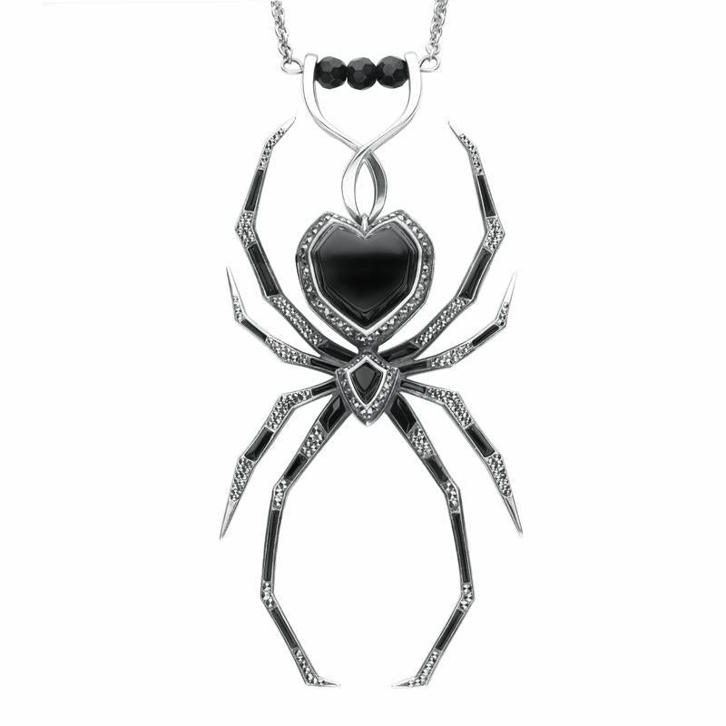 Sterling Silver Whitby Jet and Marcasite Gothic Spider Necklace