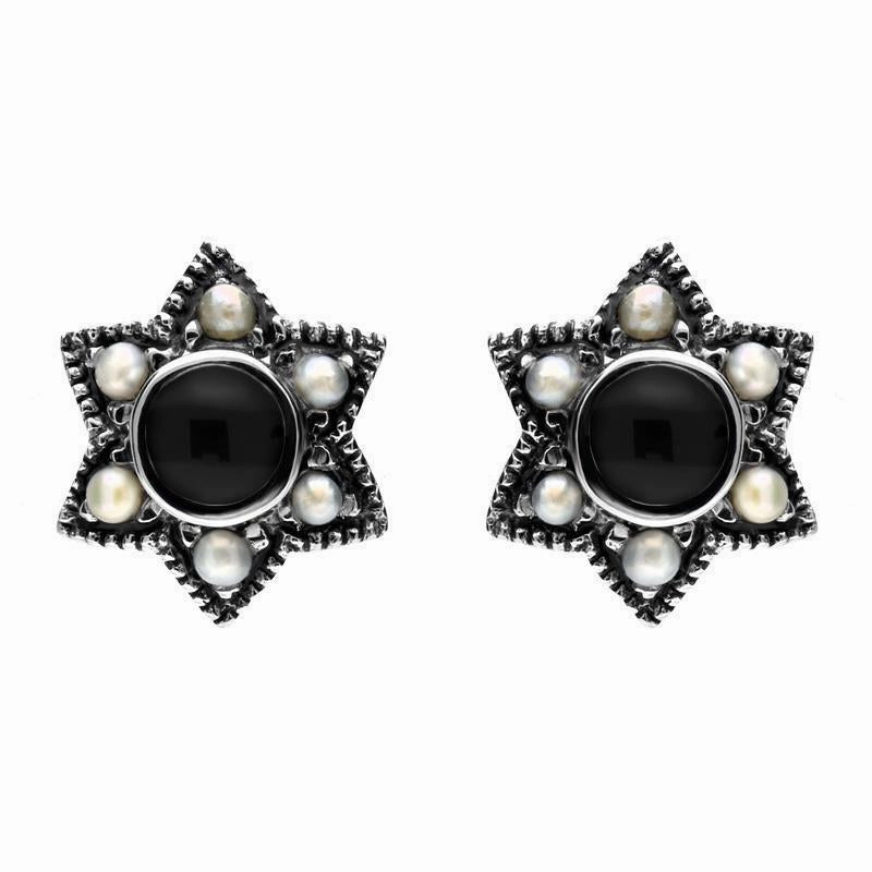 Sterling Silver Whitby Jet and Pearl Six Point Star Stud Earrings D
