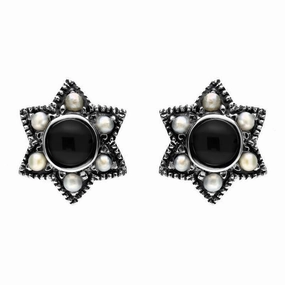 Sterling Silver Whitby Jet and Pearl Six Point Star Stud Earrings D