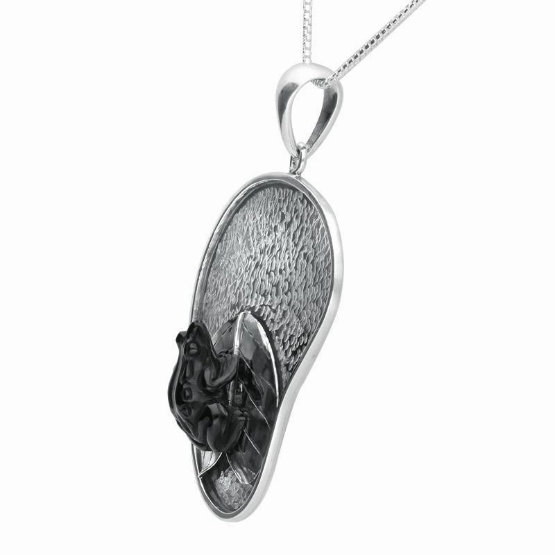 Sterling Silver Whitby Jet Carved Frog On Leaf Necklace