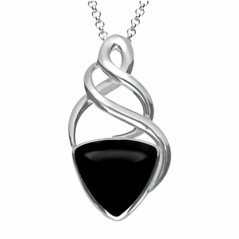 Sterling Silver Whitby Jet Curved Triangle Celtic Necklace