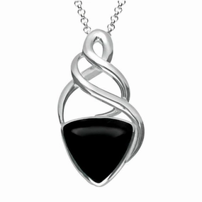 Sterling Silver Whitby Jet Curved Triangle Celtic Necklace