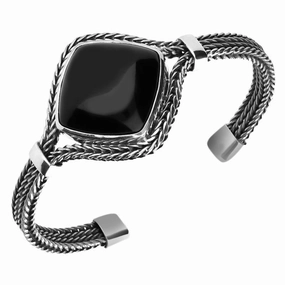 Sterling Silver Whitby Jet Cushion Foxtail Bangle Bracelet D