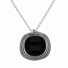 Sterling Silver Whitby Jet Cushion Stone Pattern Edge Necklace