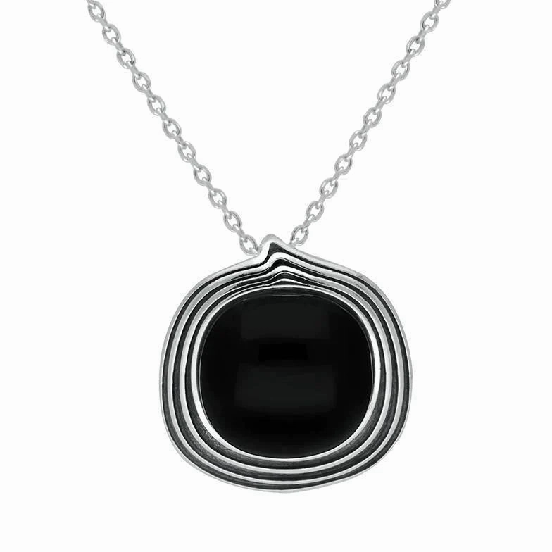 Sterling Silver Whitby Jet Cushion Stone Pattern Edge Necklace
