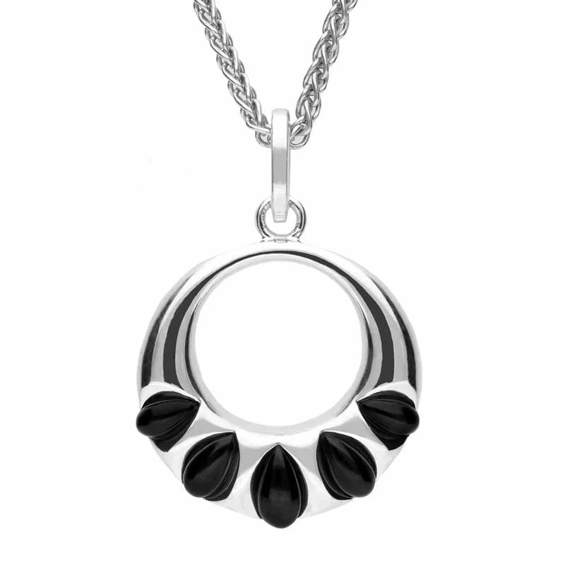 Sterling Silver Whitby Jet Five Stone Open Circle Necklace