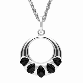 Sterling Silver Whitby Jet Five Stone Open Circle Necklace