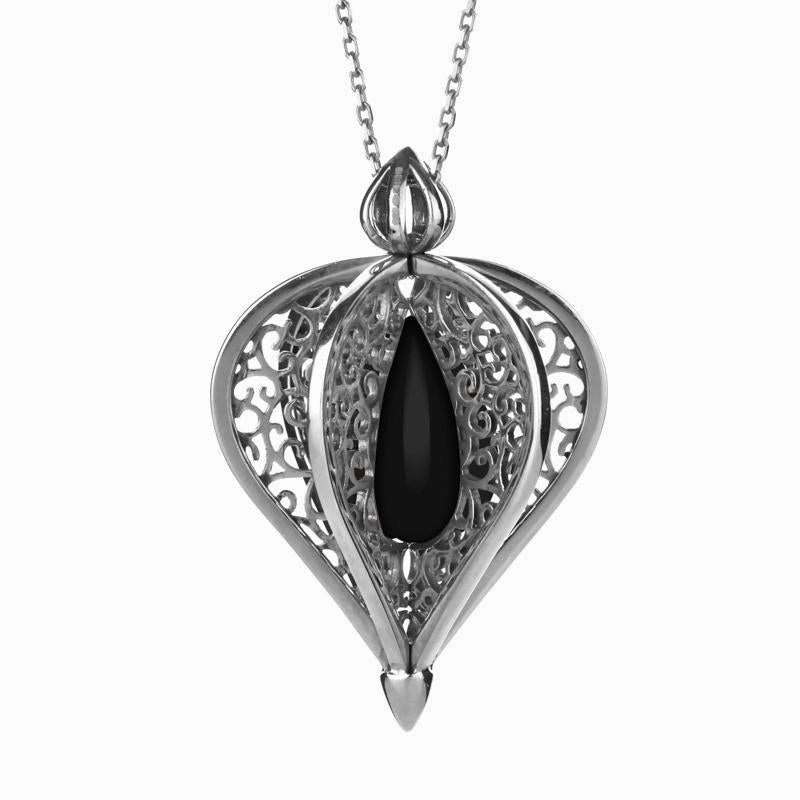 Sterling Silver Whitby Jet Flore Filigree Droplet Necklace