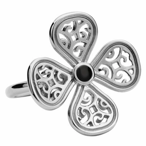 Sterling Silver Whitby Jet Flore Four Petal Filigree Ring