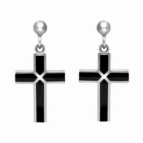 Sterling Silver Whitby Jet Four Stone Cross Drop Earrings