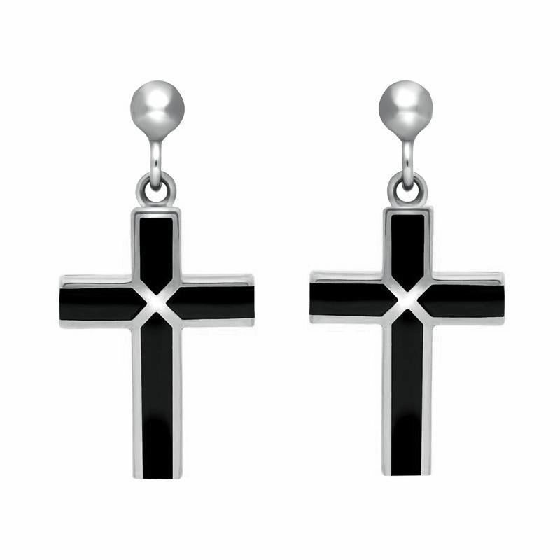 Sterling Silver Whitby Jet Four Stone Cross Drop Earrings