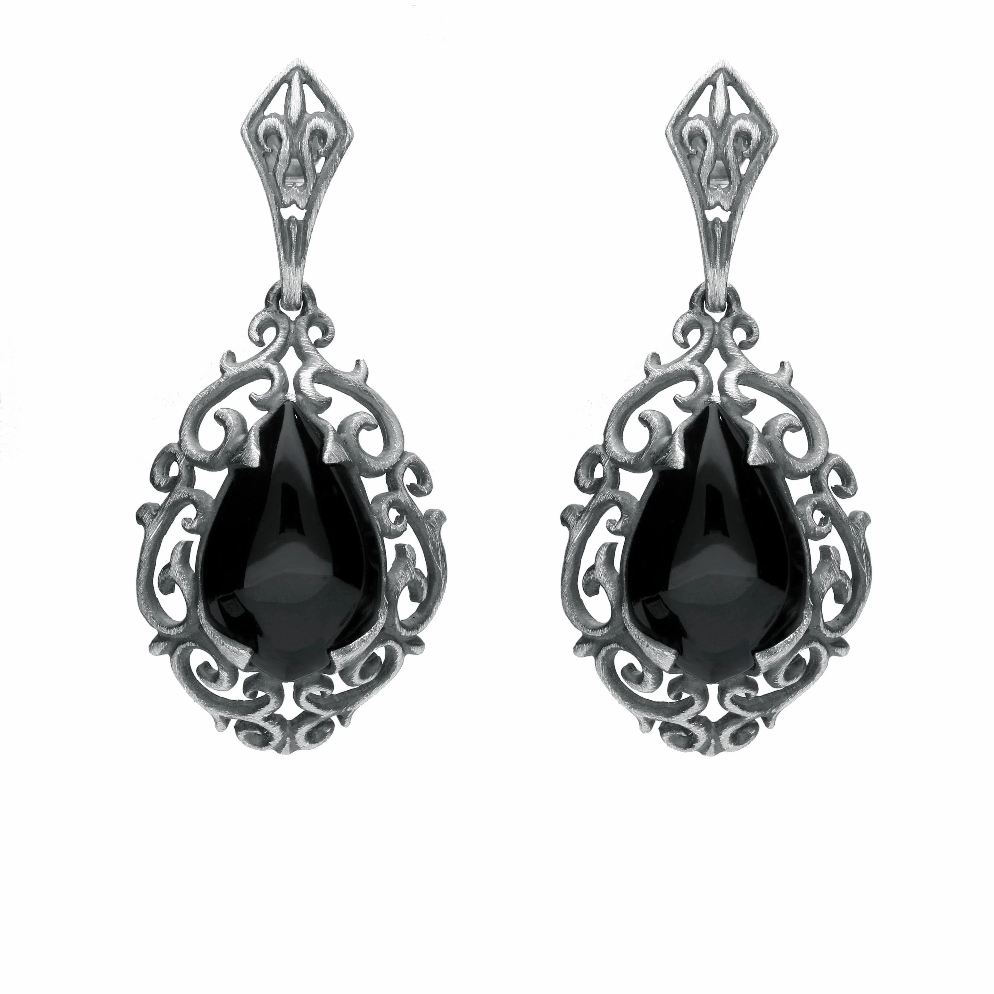 Sterling Silver Whitby Jet Heritage Heavy Carved Pear Earrings