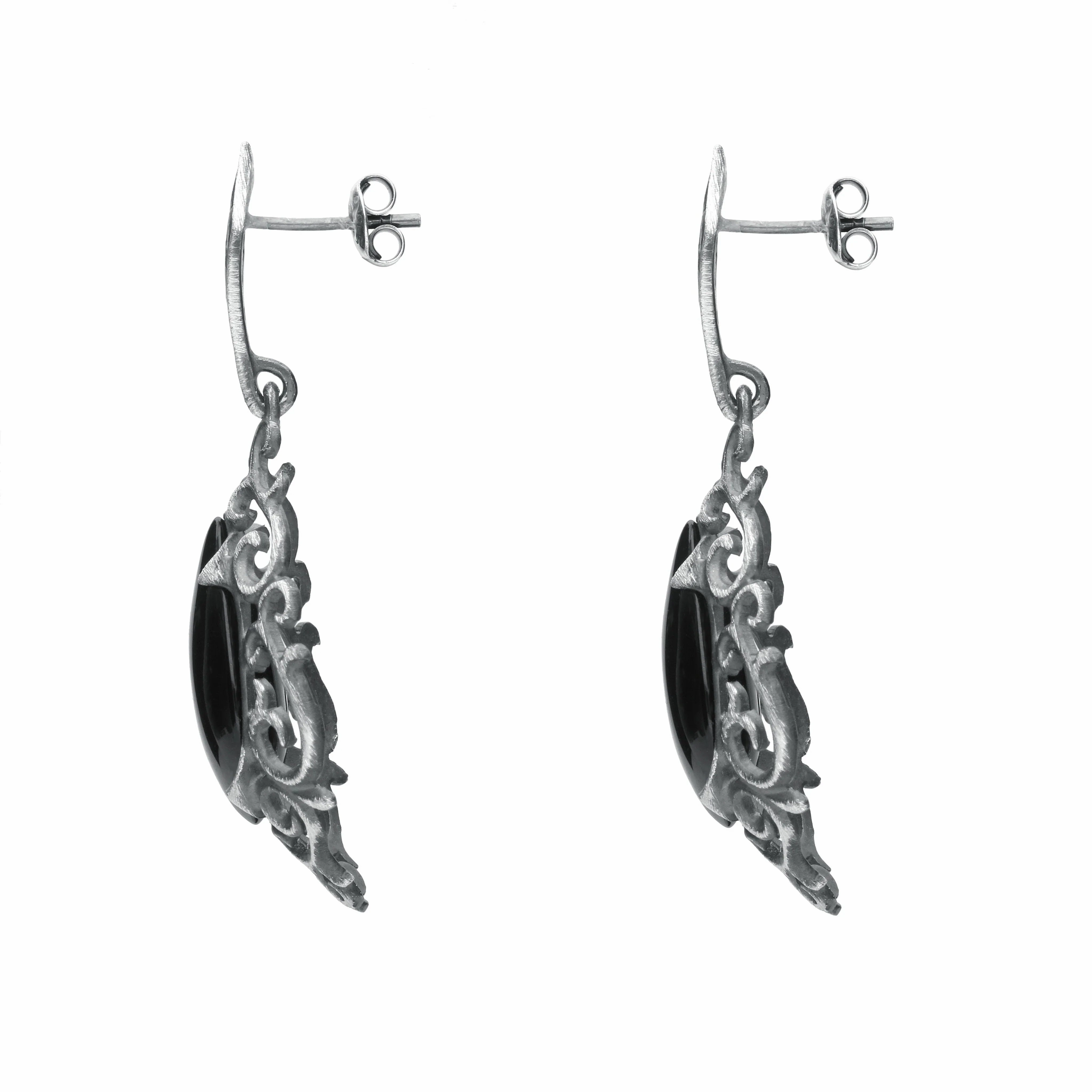 Sterling Silver Whitby Jet Heritage Heavy Carved Pear Earrings