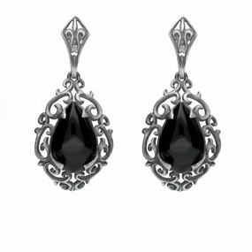 Sterling Silver Whitby Jet Heritage Heavy Carved Pear Earrings