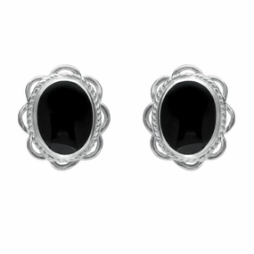 Sterling Silver Whitby Jet Large Rope Oval Frill Stud Earrings