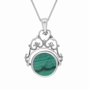 Sterling Silver Whitby Jet Malachite Double Sided Round Swivel Fob Necklace